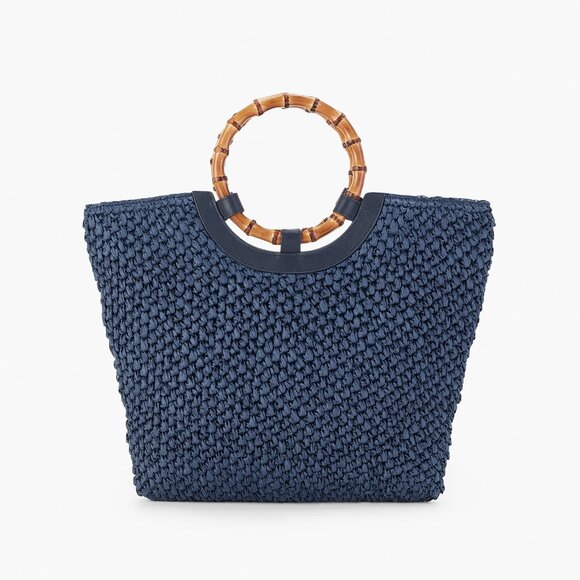 NWoT Talbots 100% Paper Straw Round Bamboo Handle Leather Trim Tote Bag Blue - Picture 1 of 13
